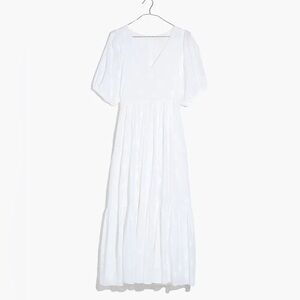 Dot Jacquard Puff-Sleeve Tiered Midi Dress